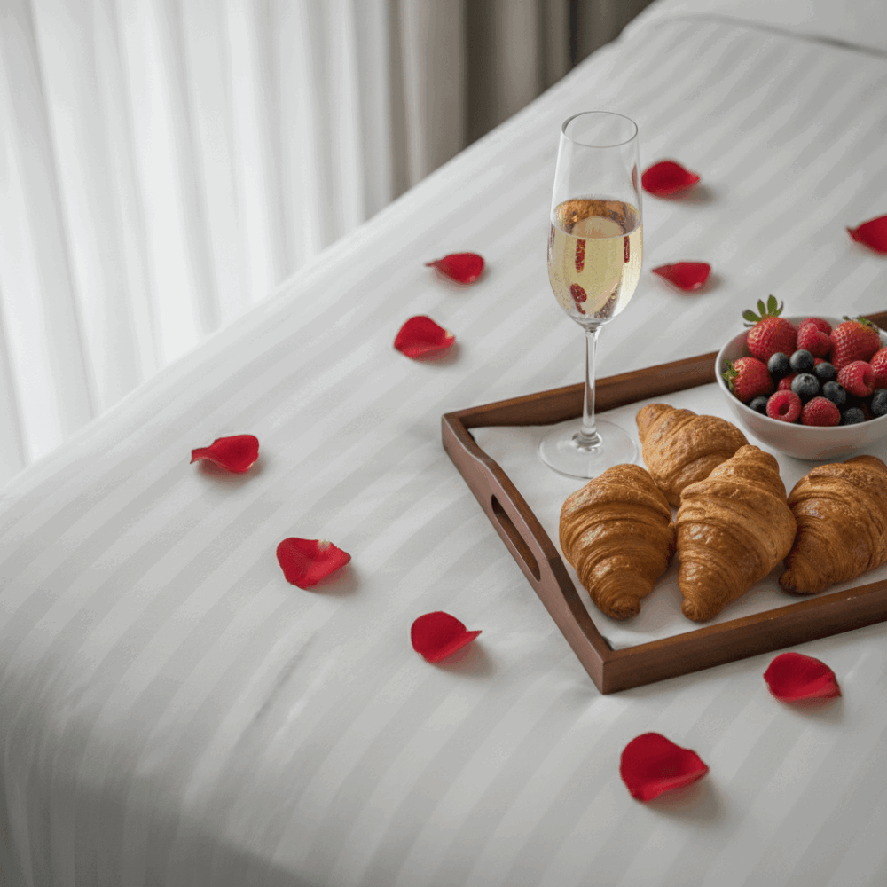 Plateau petit-déjeuner romantique avec champagne et pétales de roses sur lit luxueux en spa privatif