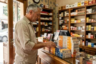 Homme achetant des cartouches de cigarettes dans un bureau de tabac espagnol traditionnel