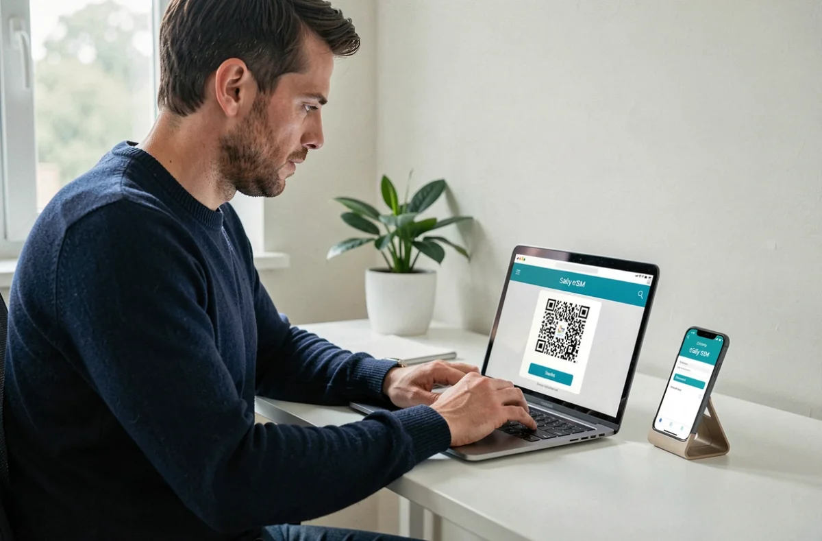 Homme activant un plan eSIM Saily via QR code sur ordinateur portable à son bureau