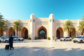 Façade extérieure de l'aéroport Al Massira d'Agadir avec voyageurs et taxis devant le terminal principal