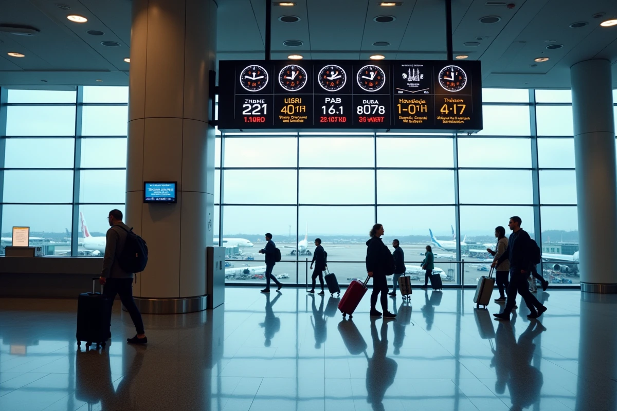 Hall de départ d'un aéroport international avec tableau d'affichage des horaires de villes du monde entier