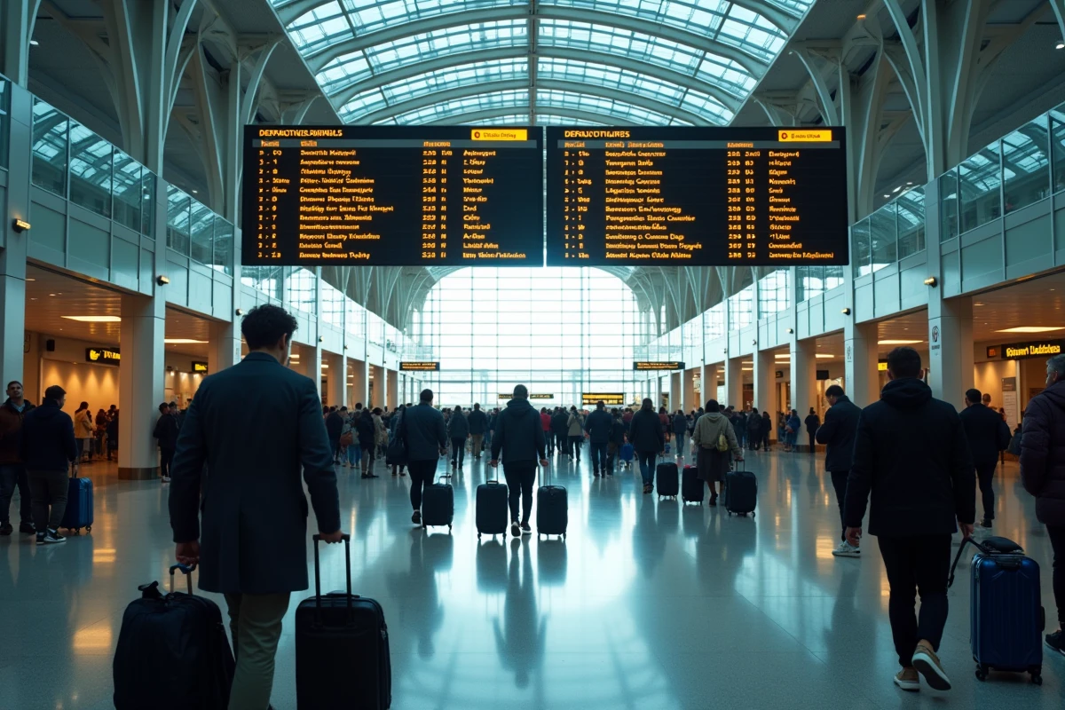 Hall de départ d'un aéroport international avec tableau des vols affichant la destination Sydney