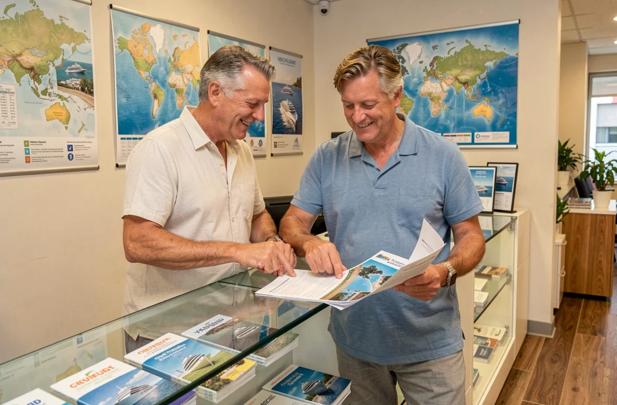 Couple consultant des brochures de croisières dans une agence de voyage