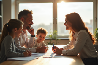 Agent d'assurance et famille discutant de rapatriement international