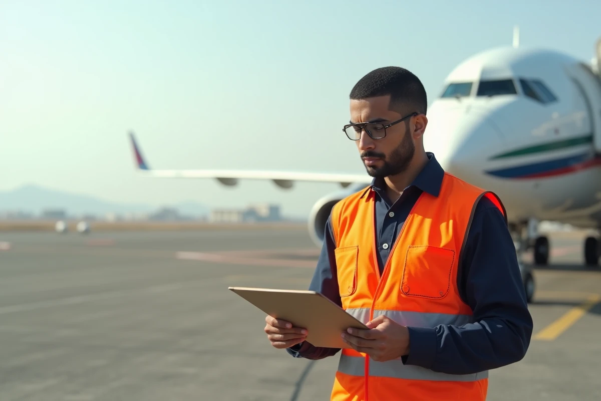 Agent de piste de l'aéroport Al Massira en tenue de travail sur le tarmac avec avion en arrière-plan