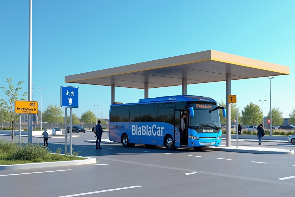 Aire de repos avec bus BlaBlaCar et passagers en embarquement