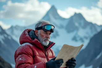 Alpiniste expérimenté consultant une carte topographique au camp de base de l'Everest avec les sommets himalayens en arrière-plan