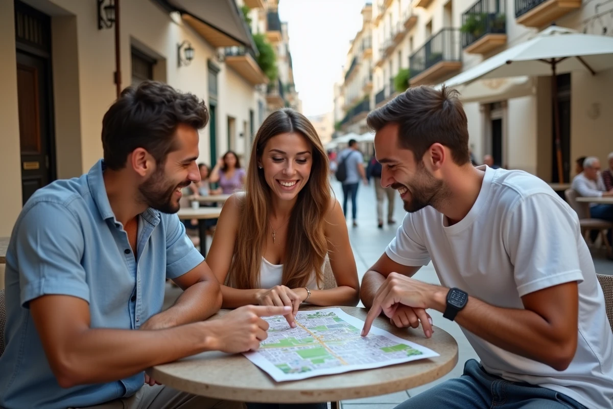 Trois amis regardant une carte à un café en plein air