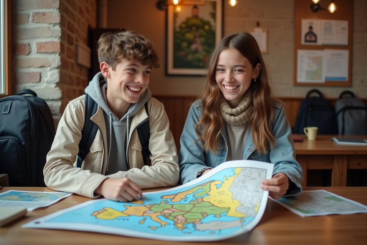 Deux adolescents regardant une carte de train en auberge