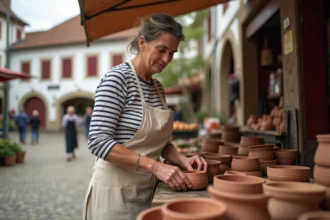 Artisane basque arrangeant des céramiques artisanales sur un marché local en Pays basque