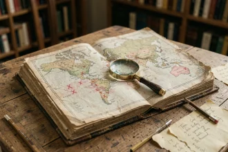 Atlas vintage ouvert sur une table en bois montrant des cartes avec des noms de pays et villes commençant par X