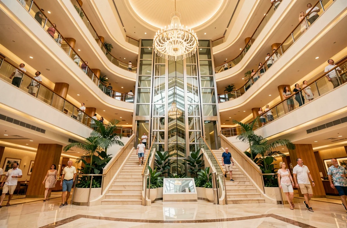 L'atrium intérieur imposant d'un méga paquebot de croisière avec ses ascenseurs en verre et ses balcons à plusieurs étages
