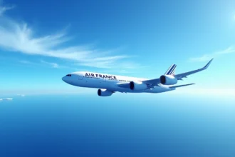 Avion long-courrier survolant l'océan sur la route Paris-Sydney en altitude de croisière