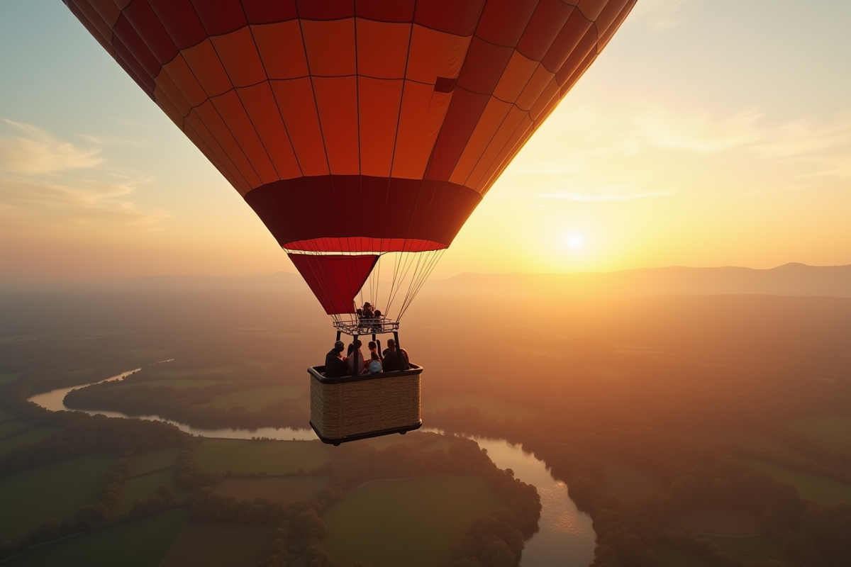 Ballon en vol avec passagers portant casques au coucher du soleil