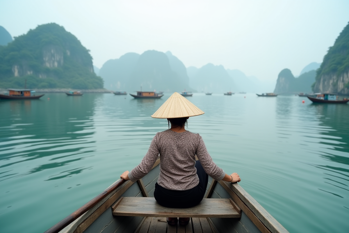 Femme vietnamienne en bateau à Ha Long Bay