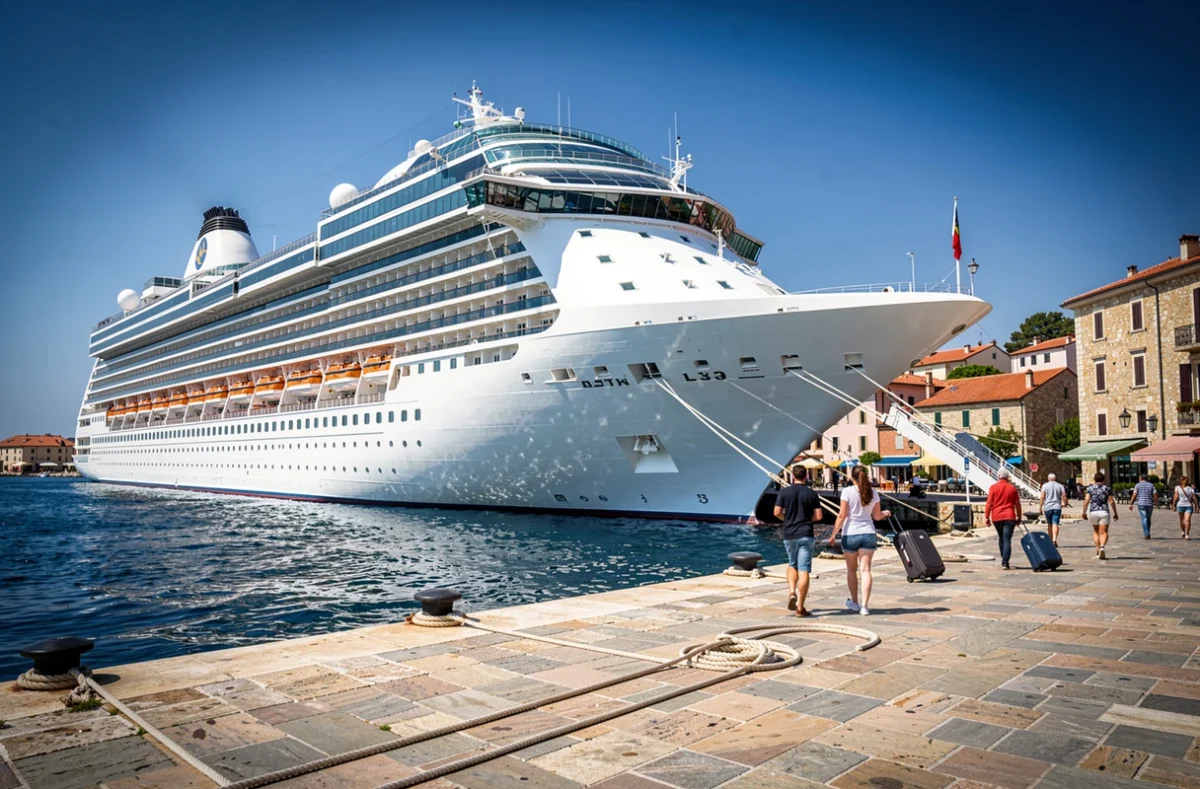 Grand bateau de croisière amarré dans un port méditerranéen ensoleillé avec des voyageurs embarquant