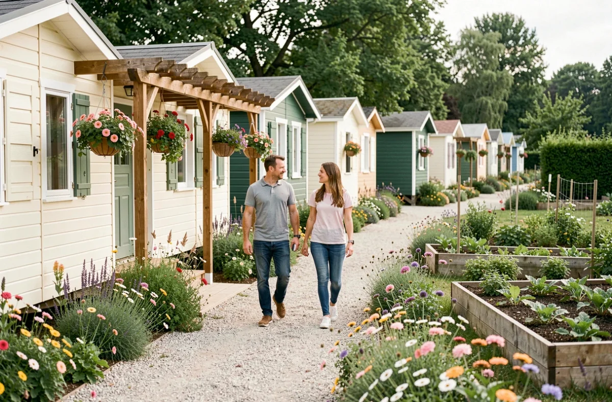Couple se promenant sur une allée fleurie entre les chalets du Beau Village de Paris à Villiers-sur-Orge en Essonne