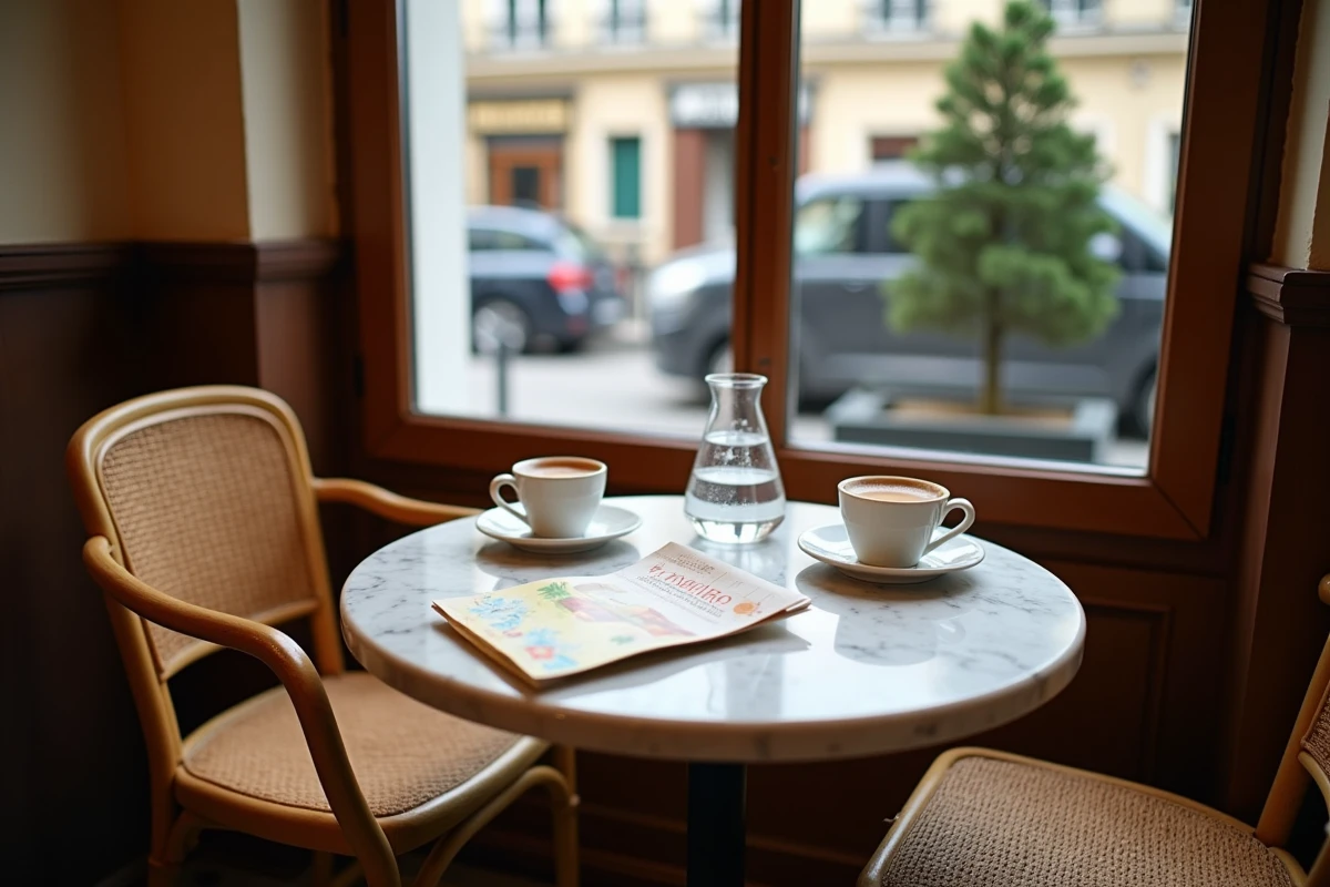 Intérieur d'un bistro parisien près d'Alésia avec table en marbre et tasses d'espresso
