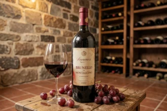 Bouteille de Brunello di Montalcino sur une table en bois dans une cave toscane avec verre de vin rouge et grappes de raisin