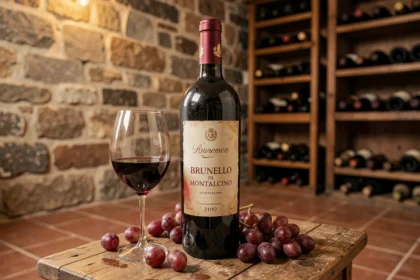 Bouteille de Brunello di Montalcino sur une table en bois dans une cave toscane avec verre de vin rouge et grappes de raisin