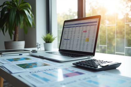 Bureau moderne avec ordinateur et documents fiscaux lumineux