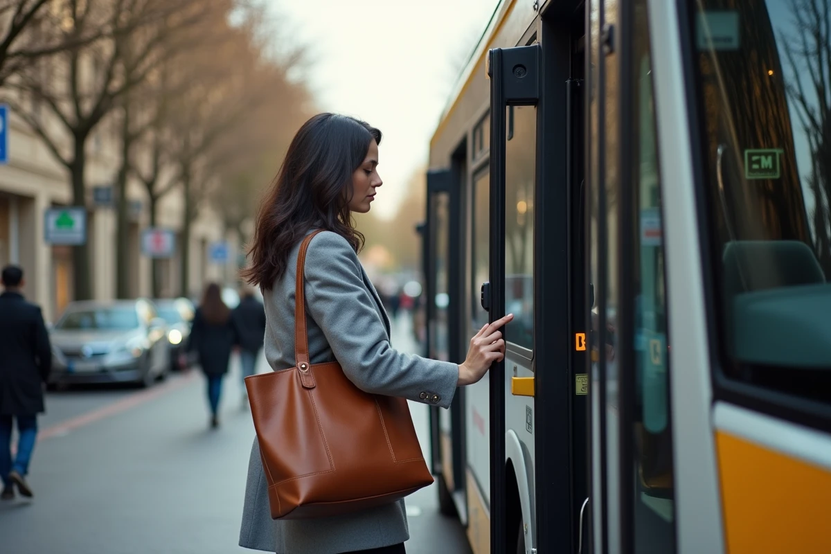 Femme montant dans un bus EMT à Madrid avec sa valise pour rejoindre le centre-ville