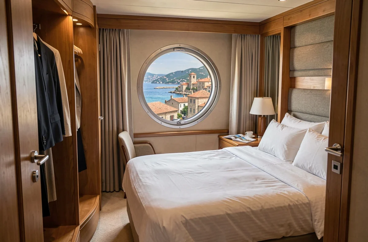 Cabine luxueuse d'un paquebot de croisière tour du monde avec hublot vue sur port méditerranéen et guide de voyage ouvert