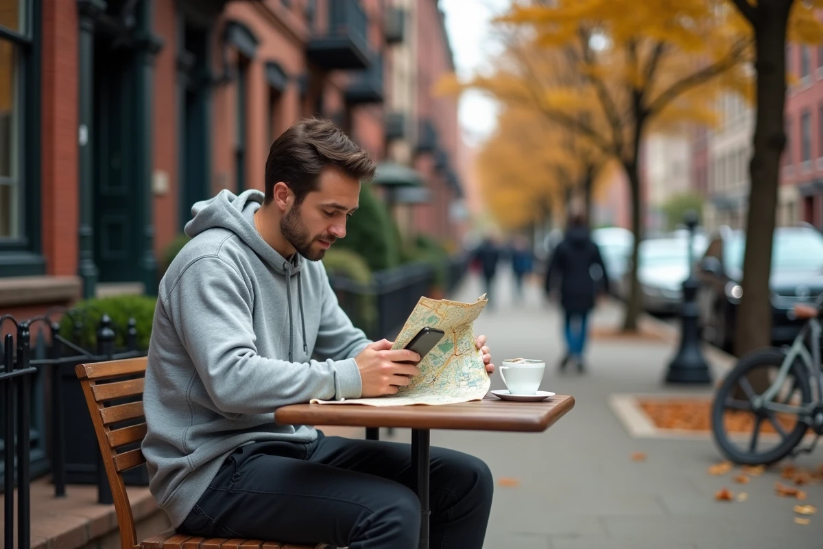 Voyageur consultant une carte et son téléphone dans un café de quartier à Staten Island à l'automne