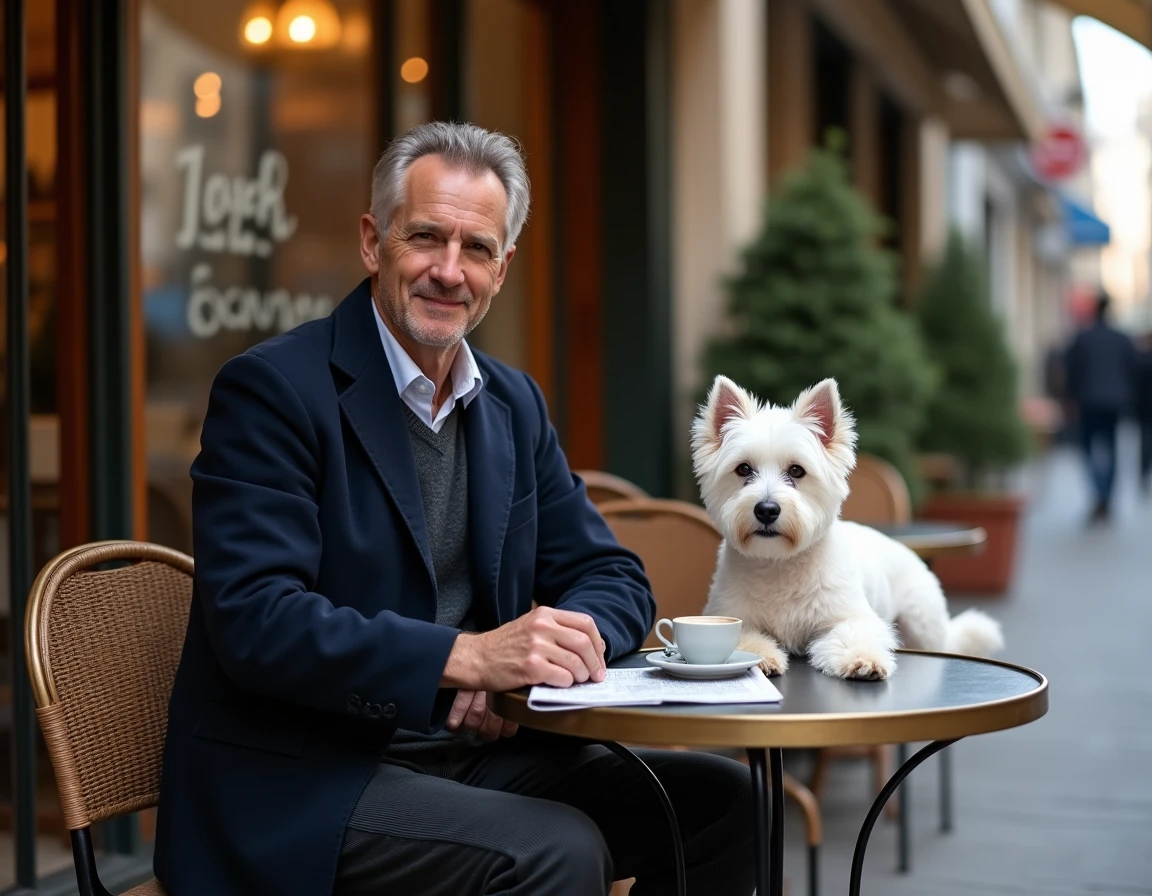 Homme avec son petit chien Bichon Frisé en terrasse d'un café parisien dog friendly