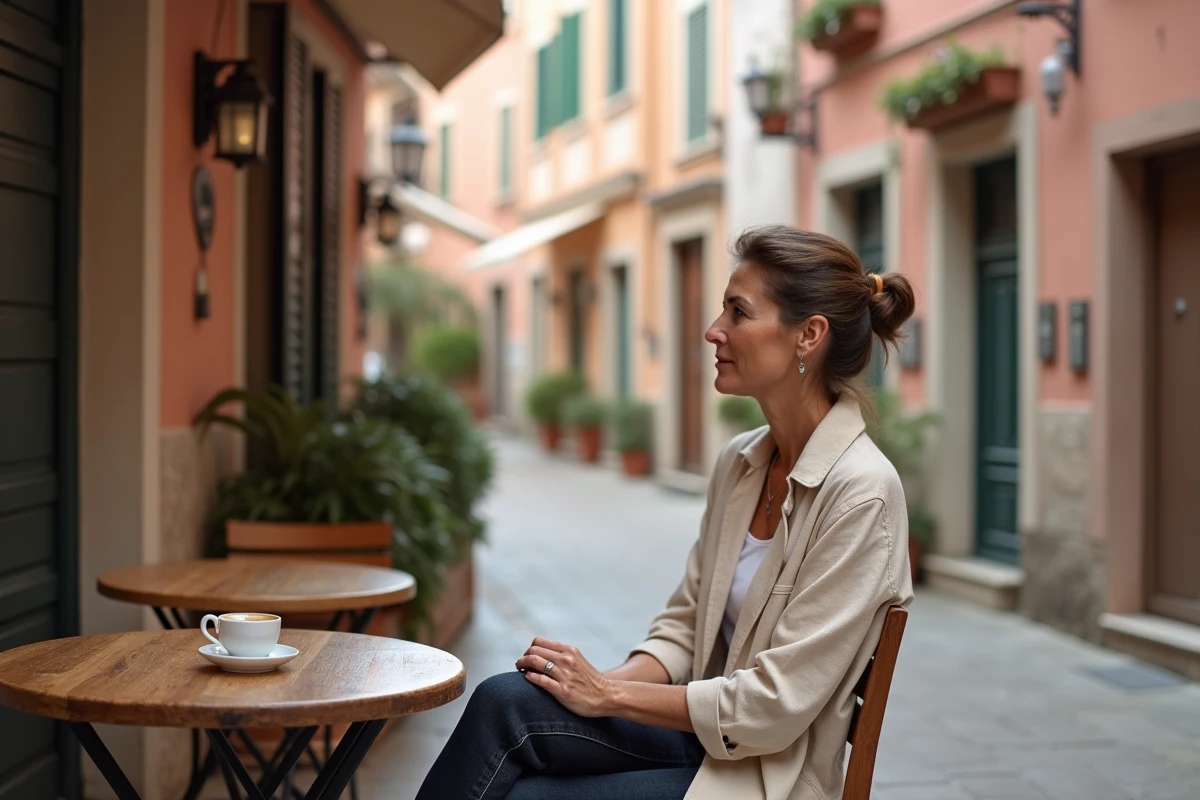 Femme seule attablée à une terrasse de café dans le village désert de Porto Cervo en automne