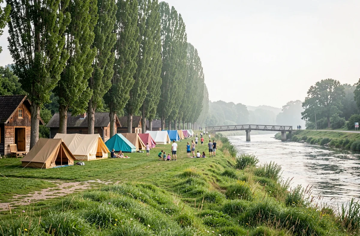 Camping Alsace Les Castors à Burnhaupt-le-Haut avec tentes colorées et chalets en bois au bord de la rivière