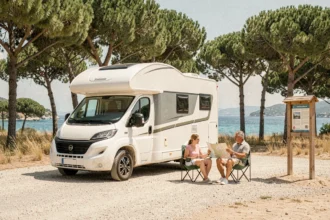Camping-car stationné sur une aire municipale en Corse près de Palombaggia avec un couple consultant une carte