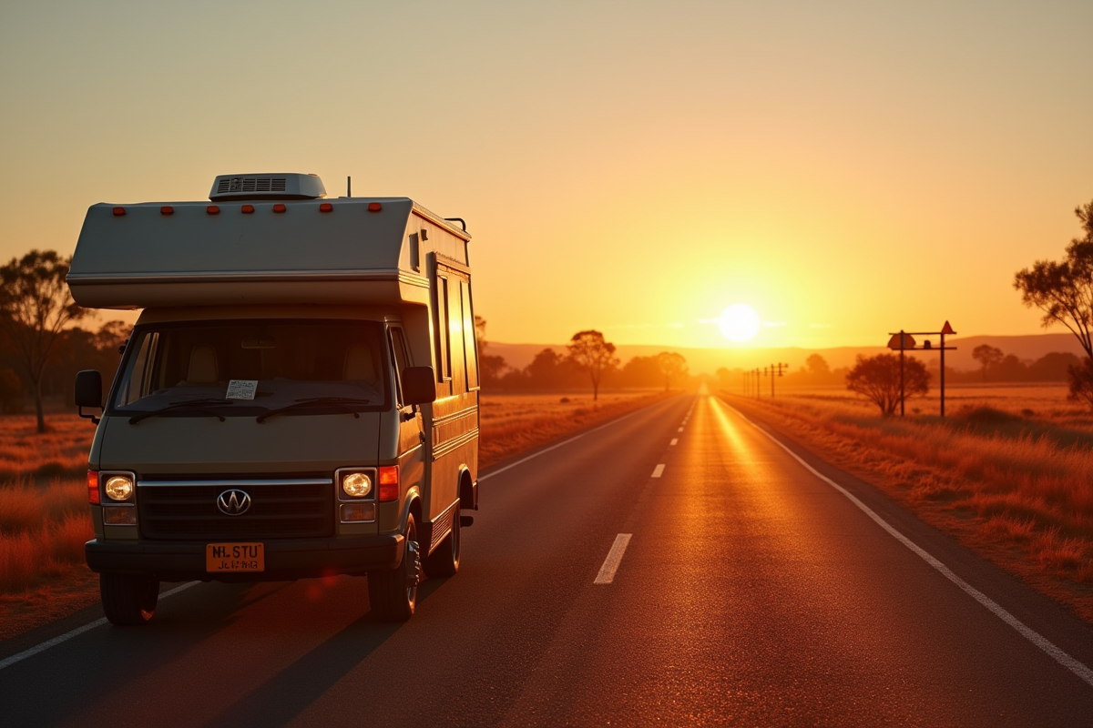 Camping-car au lever du soleil dans la campagne australienne