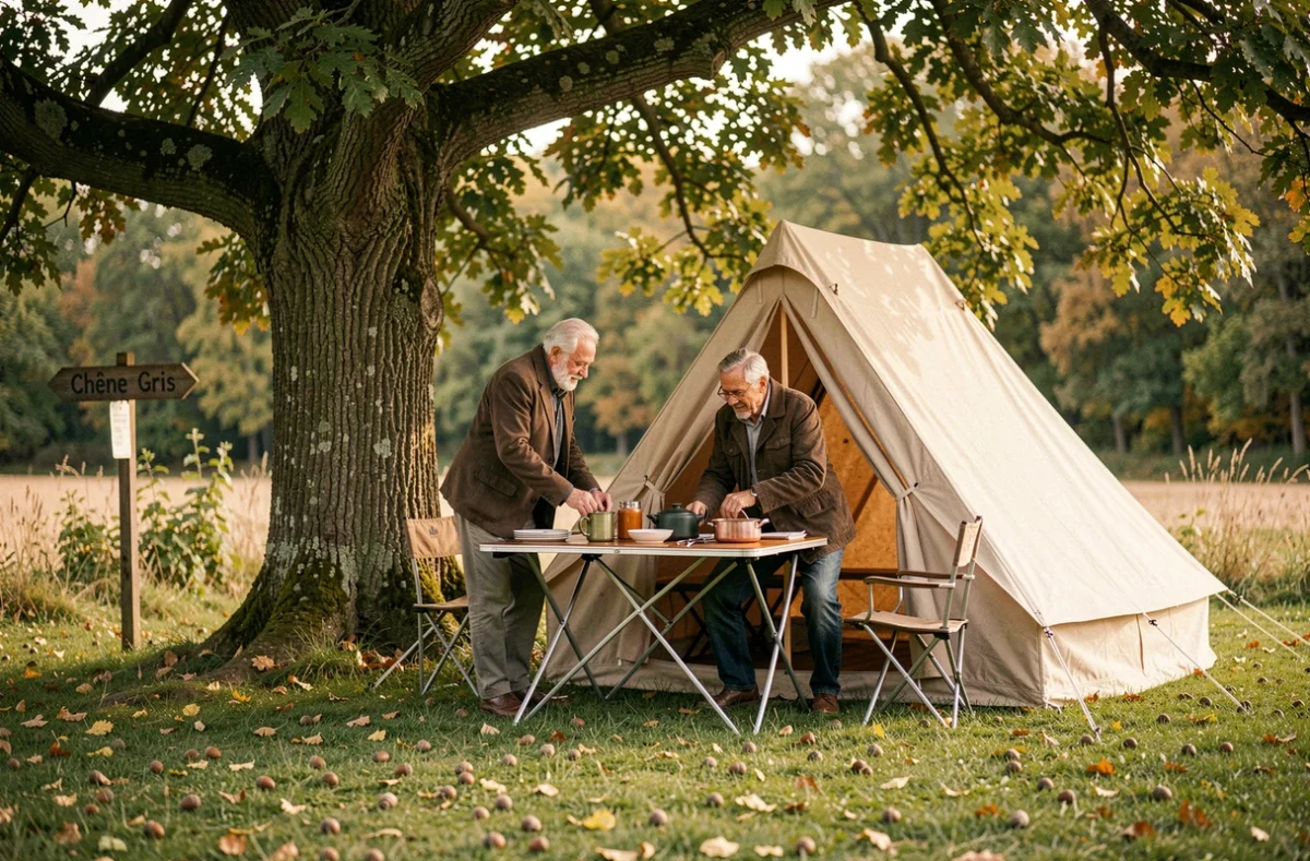 Couple installant leur campement sous un grand chêne au Camping Le Chêne Gris à Pommeuse en Seine-et-Marne