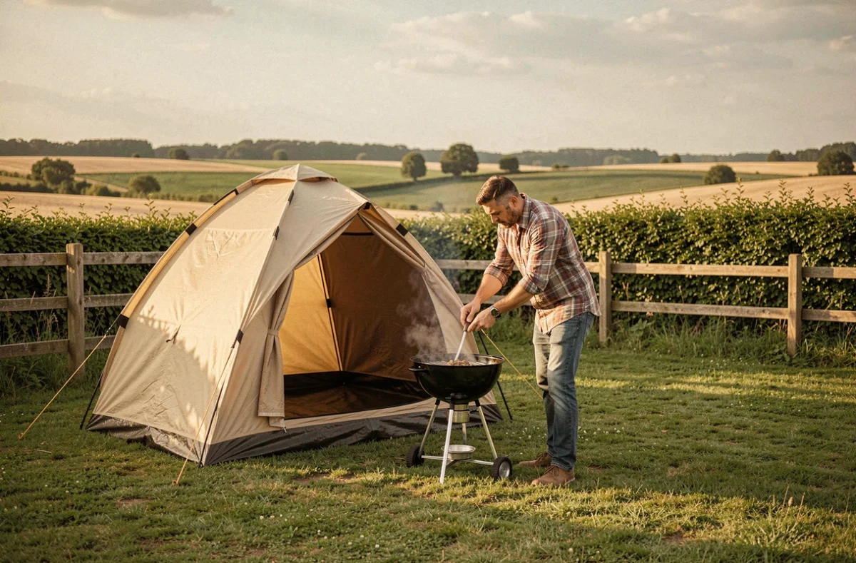 Homme faisant un barbecue devant sa tente au Camping Country Park à Touquin avec des champs agricoles à l'arrière-plan