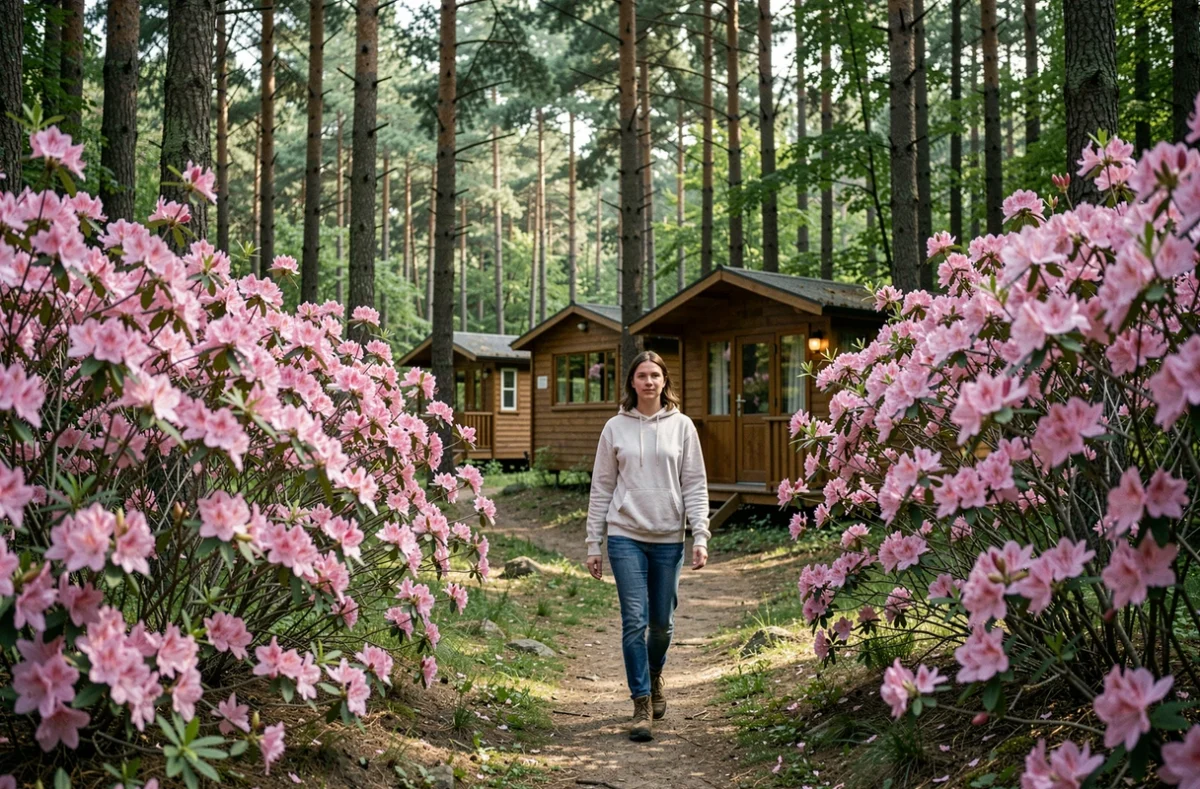 Jeune femme randonnant parmi les azalées en fleurs au Camping La Forêt d'Azalée à Saint-Chéron dans l'Essonne