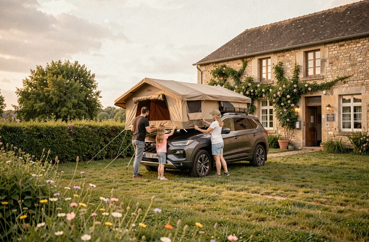 Famille installant une tente de toit sur un SUV au Camping Fredland à Tournan-en-Brie avec une ancienne ferme en pierre en arrière-plan
