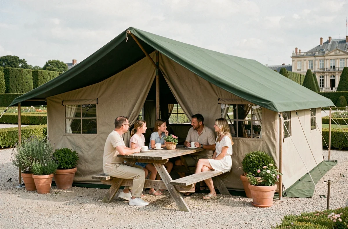 Famille réunie autour d'une table en bois devant une tente lodge élégante au Camping Huttopia Versailles entouré d'un parc verdoyant