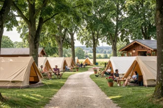 Vue panoramique d'un camping en Île-de-France avec tentes, chalets en bois et familles profitant de l'été sous les arbres