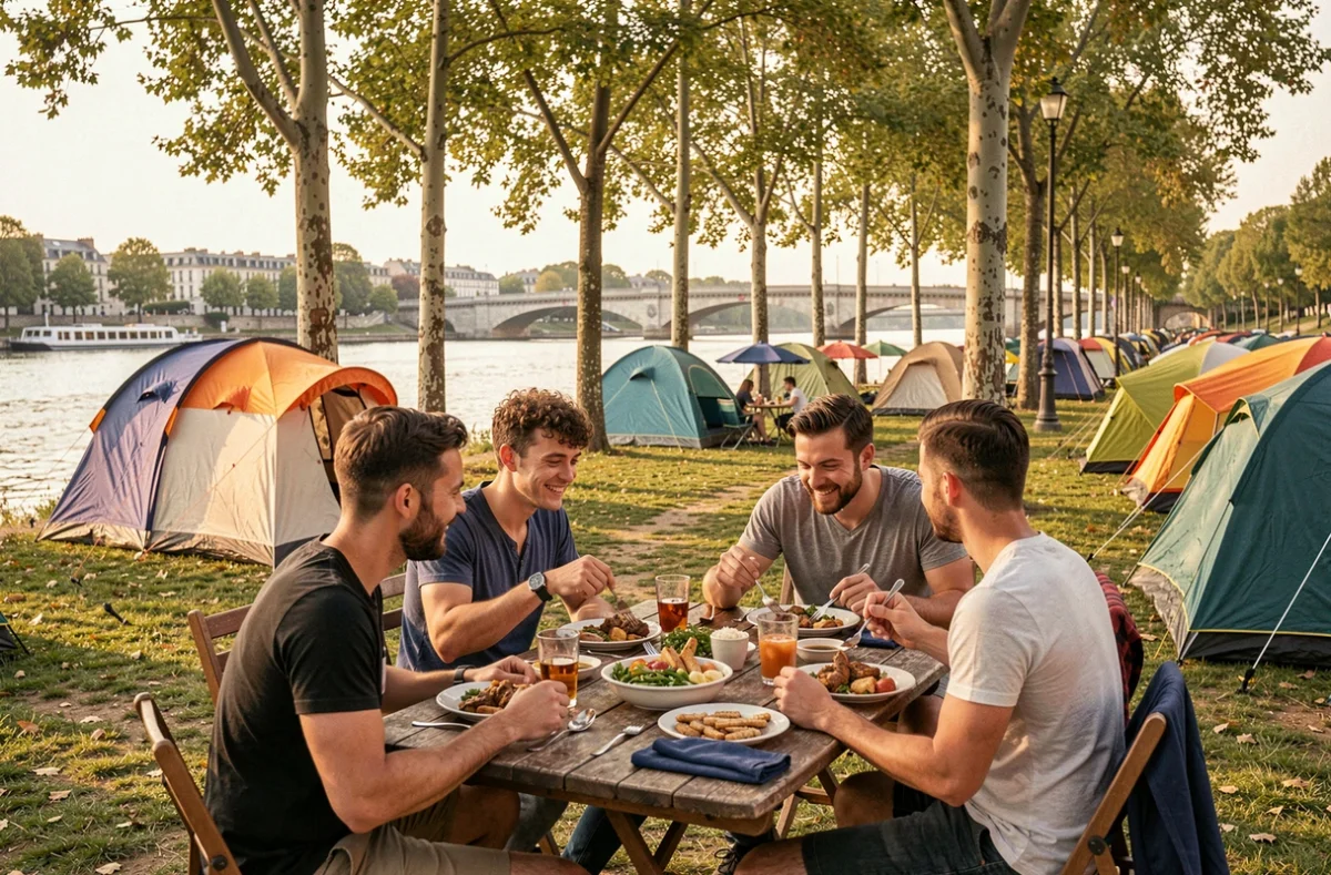 Groupe d'amis déjeunant en plein air au Camping International de Maisons-Laffitte avec la Seine et un pont en arrière-plan