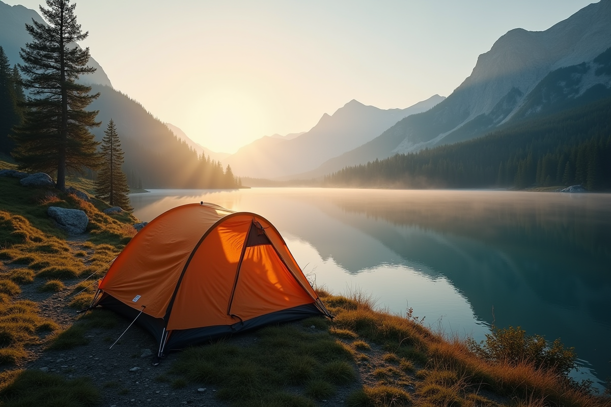Tente au bord d'un lac de montagne au lever du soleil