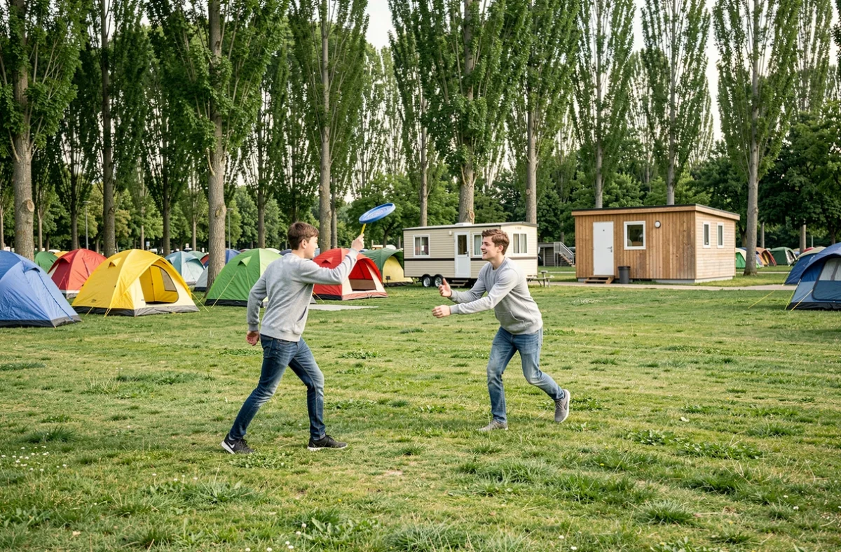 Deux adolescents jouant au frisbee sur la grande pelouse du Camping Le Parc de Paris à Villevaudé entouré de peupliers