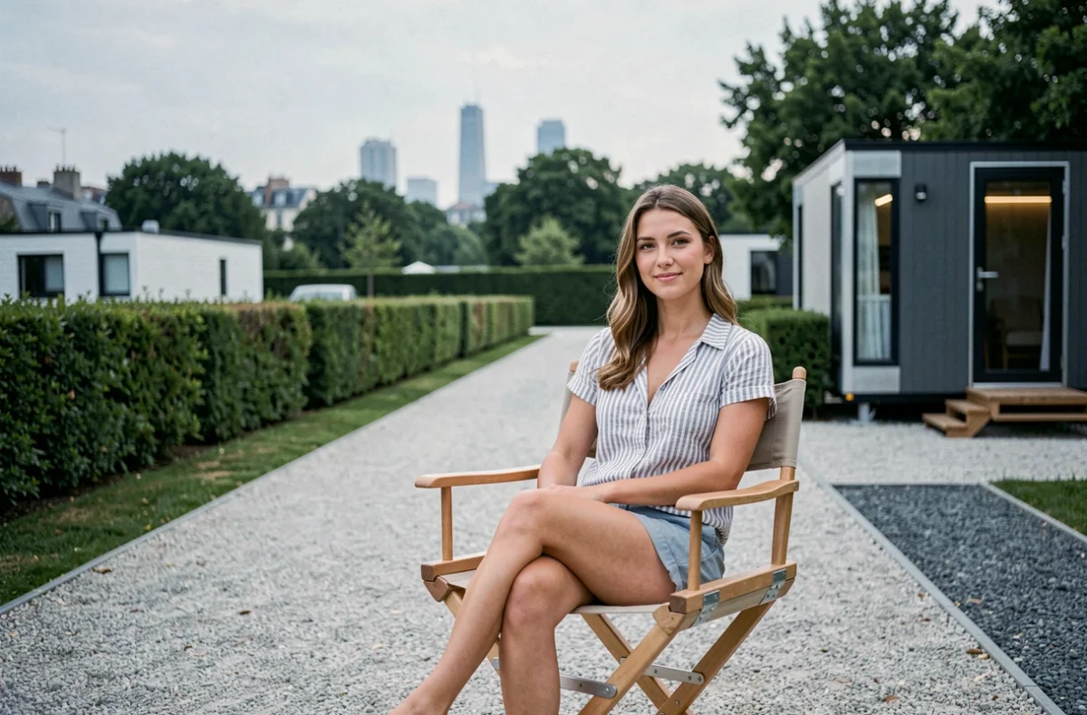 Jeune femme se relaxant devant un mobil-home au Camping Paris Est à Champigny-sur-Marne avec la silhouette urbaine en arrière-plan