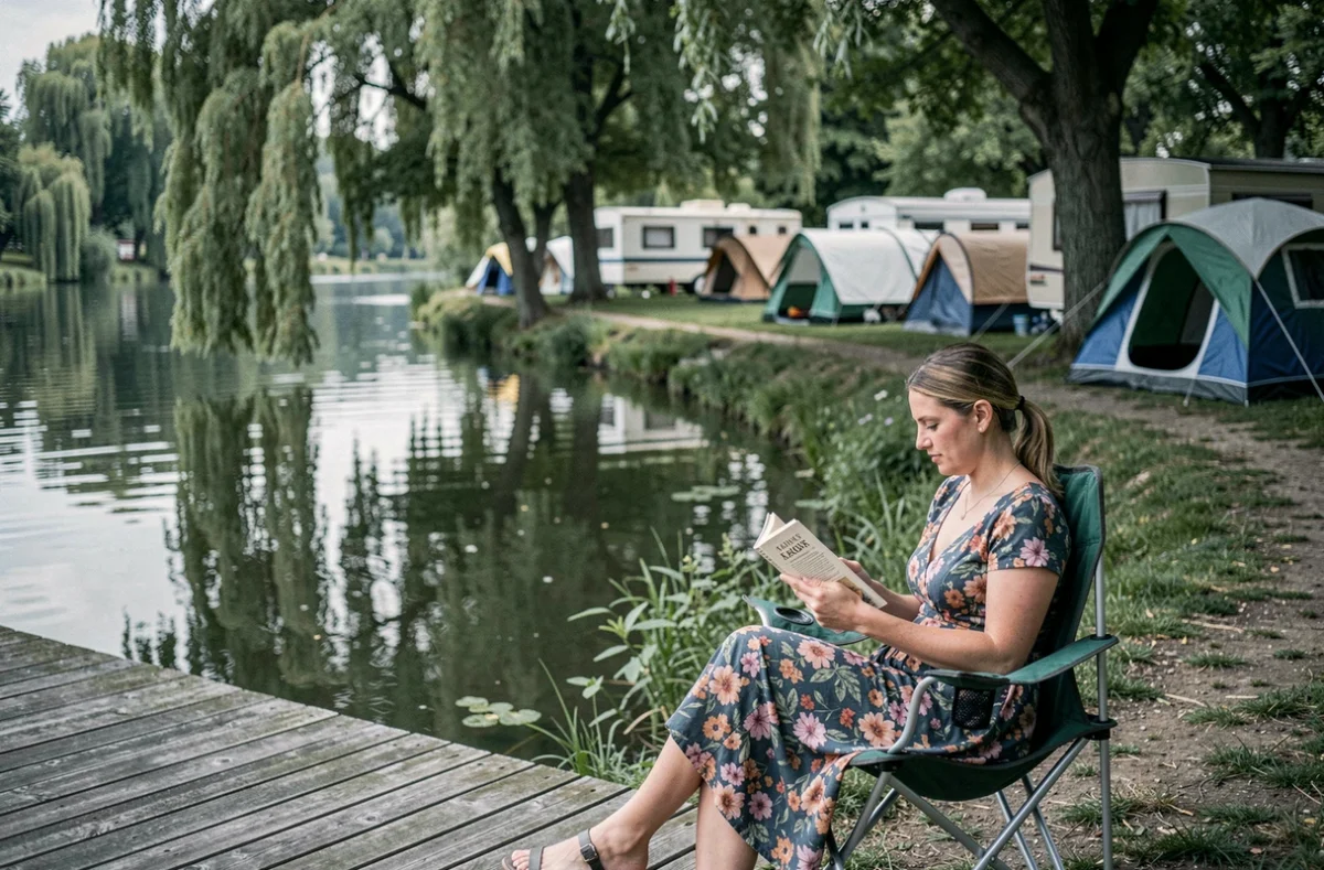Femme lisant au bord du Loing au Camping La Rivière Dorée à Bagneaux-sur-Loing avec des tentes sous les saules pleureurs