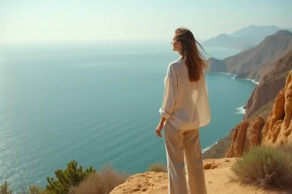 Voyageuse contemplant la rencontre de l'Atlantique et de la Méditerranée depuis le cap Spartel à Tanger, panorama naturel calme loin des foules
