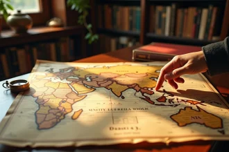 Carte ancienne du monde ouverte sur un bureau en bois avec une boussole en laiton et un repère sur Dubaï dans le continent asiatique