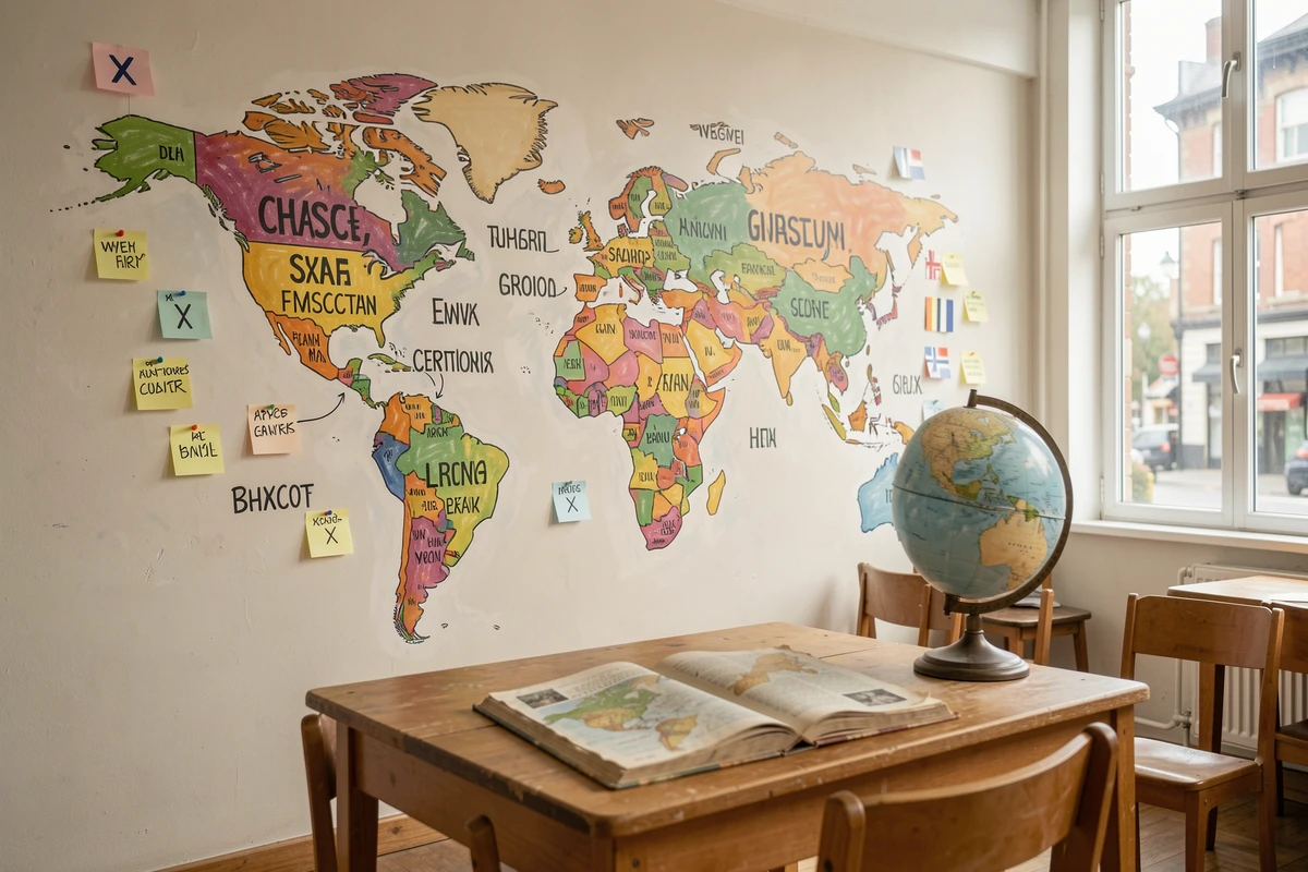 Carte du monde murale dans une salle de classe avec des épingles marquant des pays et villes commençant par la lettre X