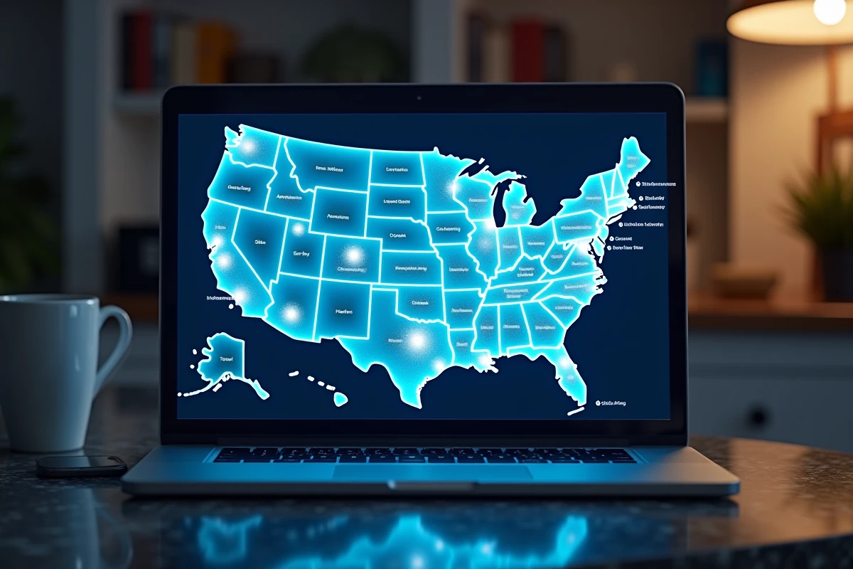 Écran d'ordinateur portable affichant une carte numérique interactive des États-Unis avec les états et les grandes villes clairement identifiés