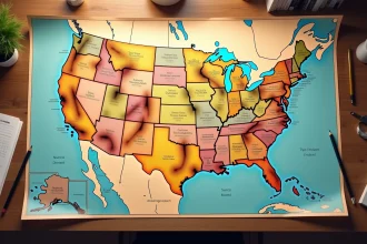 Carte papier détaillée des États-Unis posée sur un bureau en bois, montrant les états et grandes villes avec des zones régionales colorées