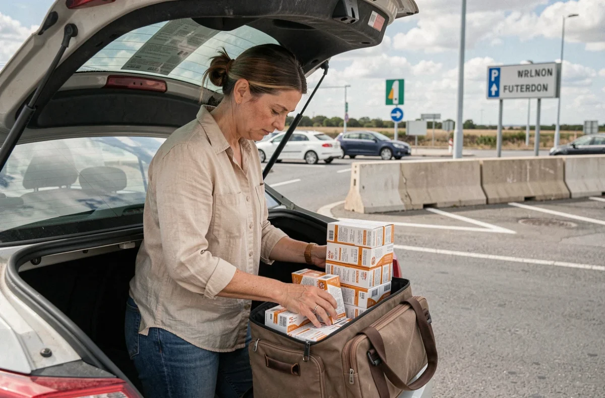 Femme rangeant des cartouches de cigarettes achetées en Espagne dans son coffre de voiture à la frontière